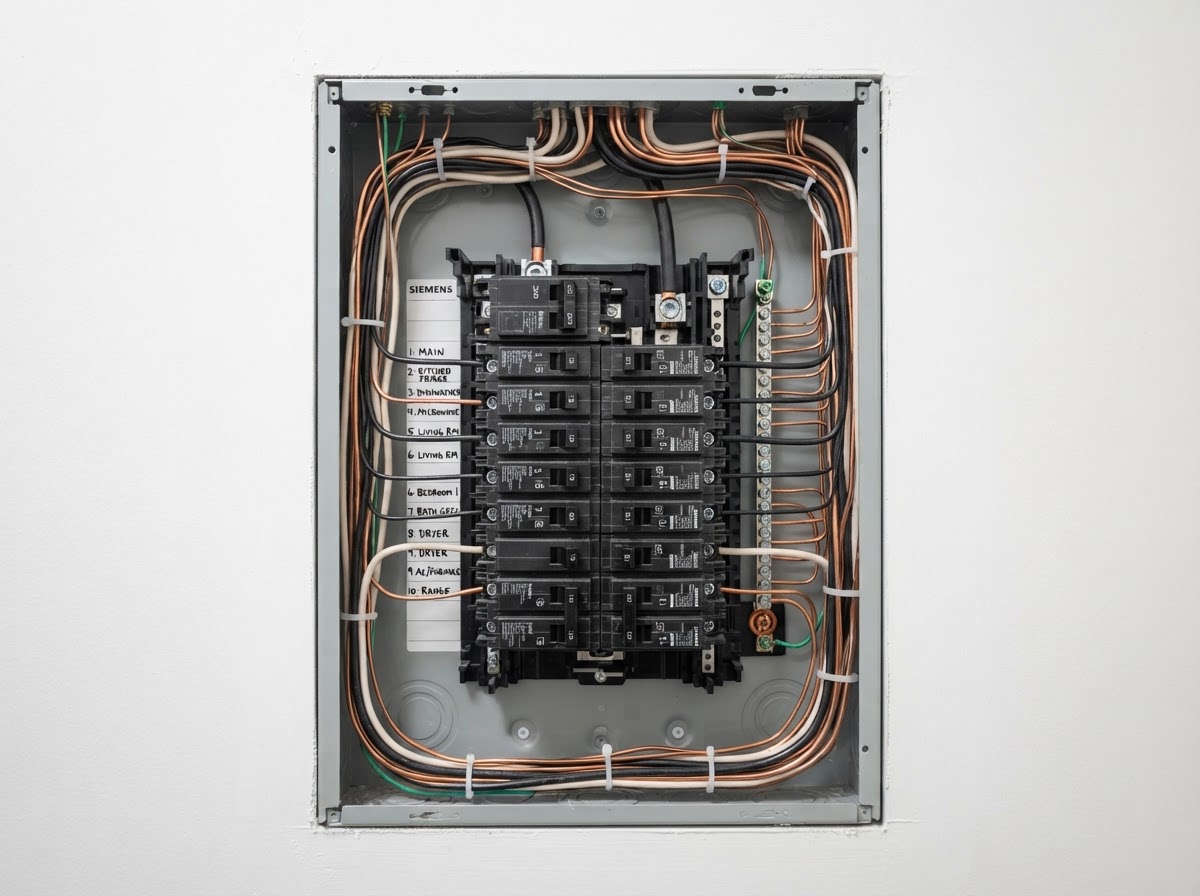 Newly installed residential electrical panel with labeled breakers