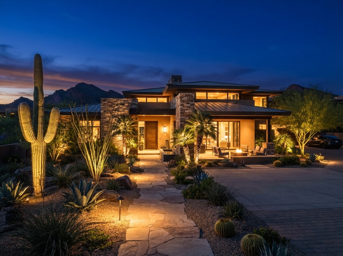Arizona home exterior with warm landscape lighting at dusk